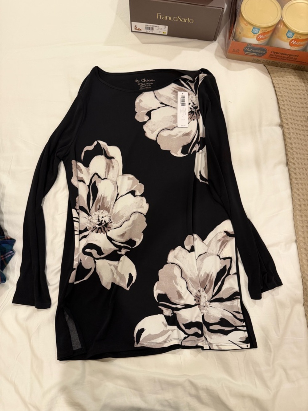 Chico's Black Long Sleeve Floral Tunic with Cream Blooms
